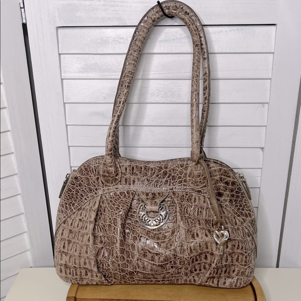 Brighton Collectibles Croc-Embossed Leather Taupe Twin Handles Satchel Vintage